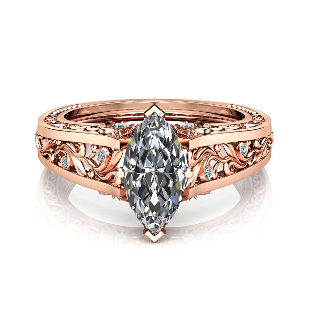 Marquise Moissanite Engagement Ring Unique  Moissanite Engagement Ring 14K Rose Gold Filigree Art Deco Ring