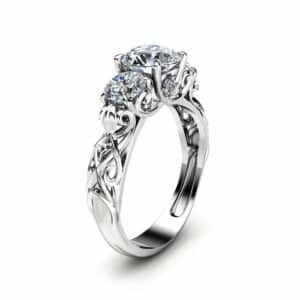 Three Stone Moissanite Engagement Ring Unique Engagement Ring in 14K White Gold Forever Brilliant  Moissanite Ring Art Deco Styled Band