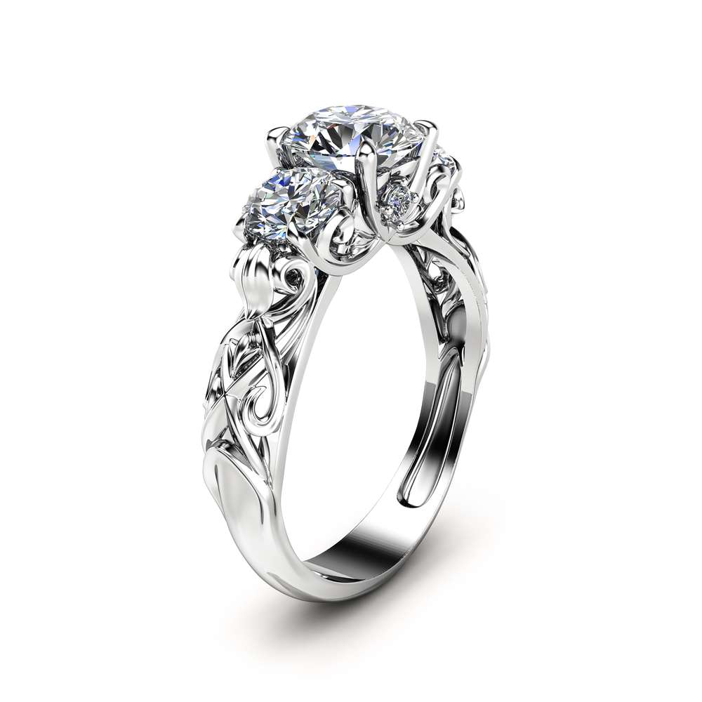 Three Stone Moissanite Engagement Ring Unique Engagement Ring in 14K White Gold Forever Brilliant Moissanite Ring Art Deco Styled Band 1 Three Stone Moissanite Engagement Ring Unique Engagement Ring in 14K White Gold Forever Brilliant Moissanite Ring Art Deco Styled Band