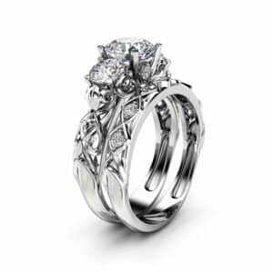 Unique Three Stone Moissanite Bridal Set 14K White Gold Rings Forever Brilliant  Moissanite Rings Art Deco Styled Natural Diamonds Band
