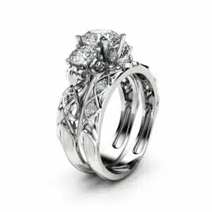 Unique Three Stone Moissanite Bridal Set 14K White Gold Rings Forever Brilliant  Moissanite Rings Art Deco Styled Natural Diamonds Band