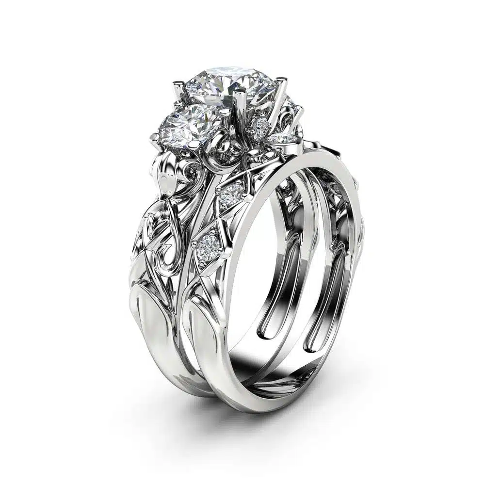 Unique Three Stone Moissanite Bridal Set 14K White Gold Rings Forever Brilliant Moissanite Rings Art Deco Styled Natural Diamonds Band 1 Unique Three Stone Moissanite Bridal Set 14K White Gold Rings Forever Brilliant Moissanite Rings Art Deco Styled Natural Diamonds Band