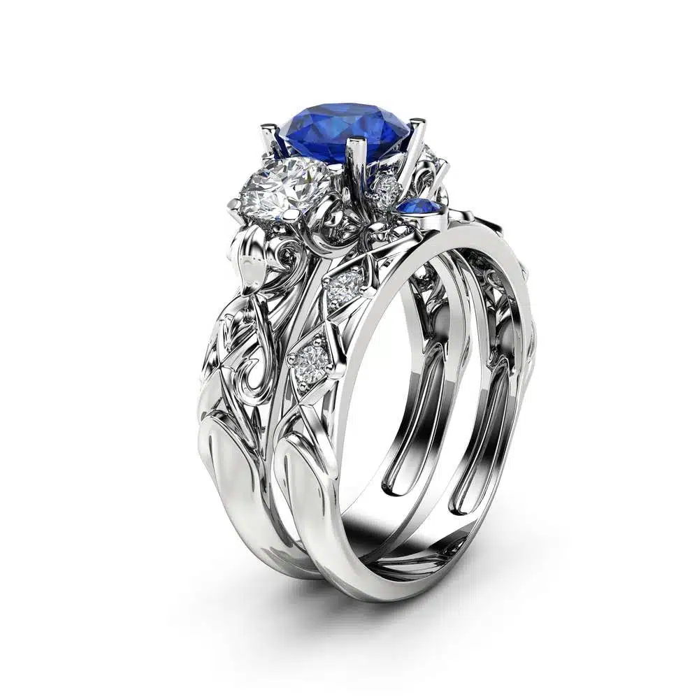 Three Stone Sapphire Moissanite Bridal Set 14K White Gold Rings Art Deco Rings Natural Diamonds Band 1 Three Stone Sapphire Moissanite Bridal Set 14K White Gold Rings Art Deco Rings Natural Diamonds Band