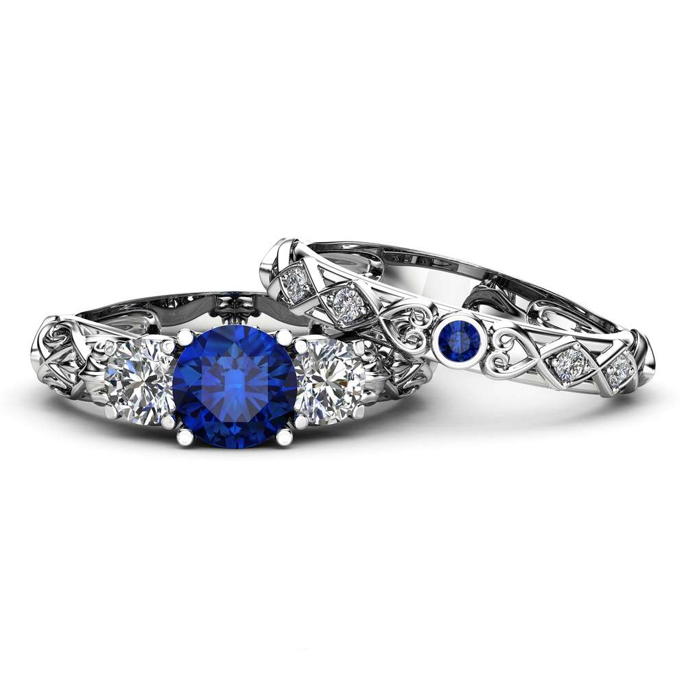 Three Stone Sapphire Moissanite Bridal Set 14K White Gold Rings Art Deco Rings Natural Diamonds Band 2 Three Stone Sapphire Moissanite Bridal Set 14K White Gold Rings Art Deco Rings Natural Diamonds Band