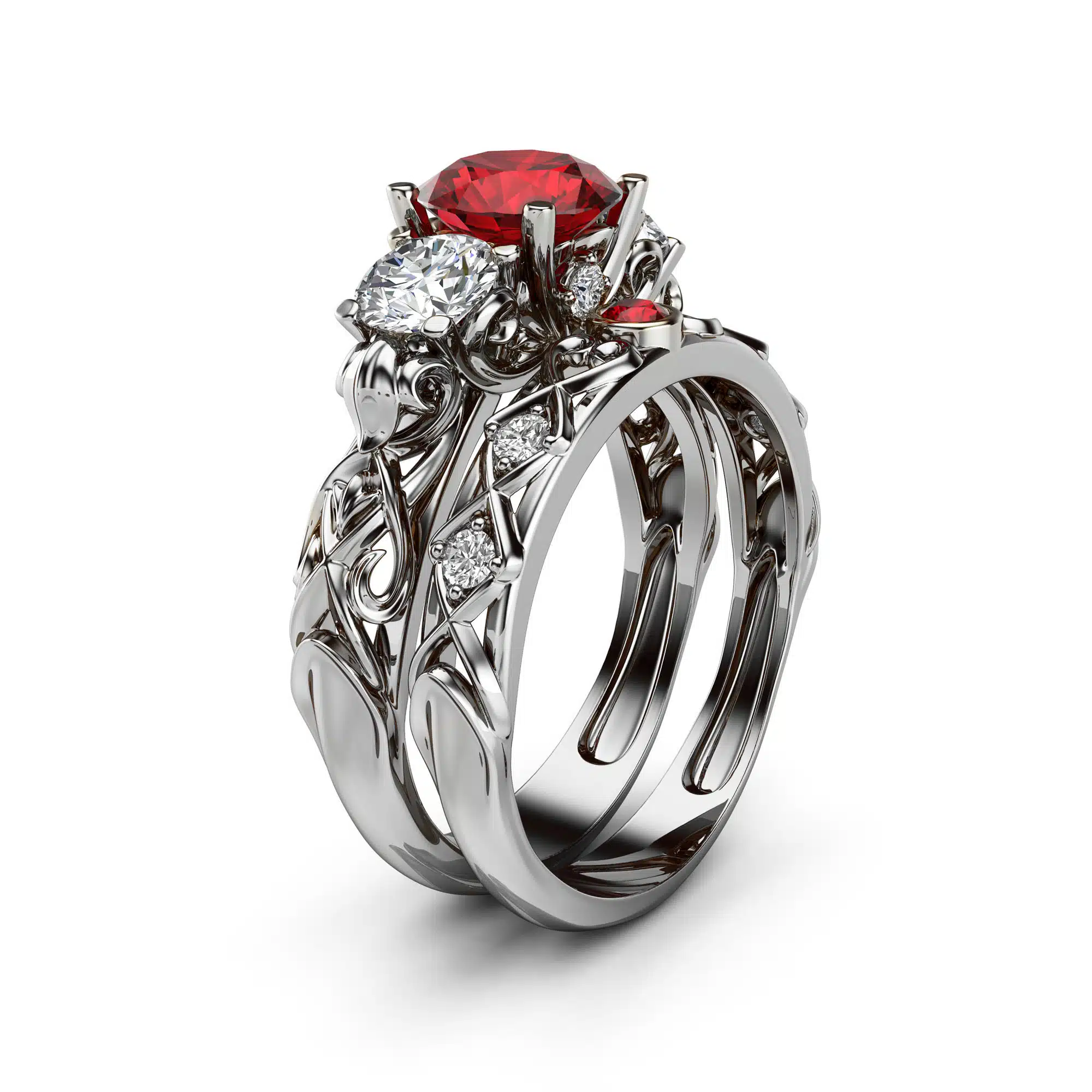AN-0046F_3Stone_Ruby_Moissanite_Yellow_Gold_Ring_Set_1 copy