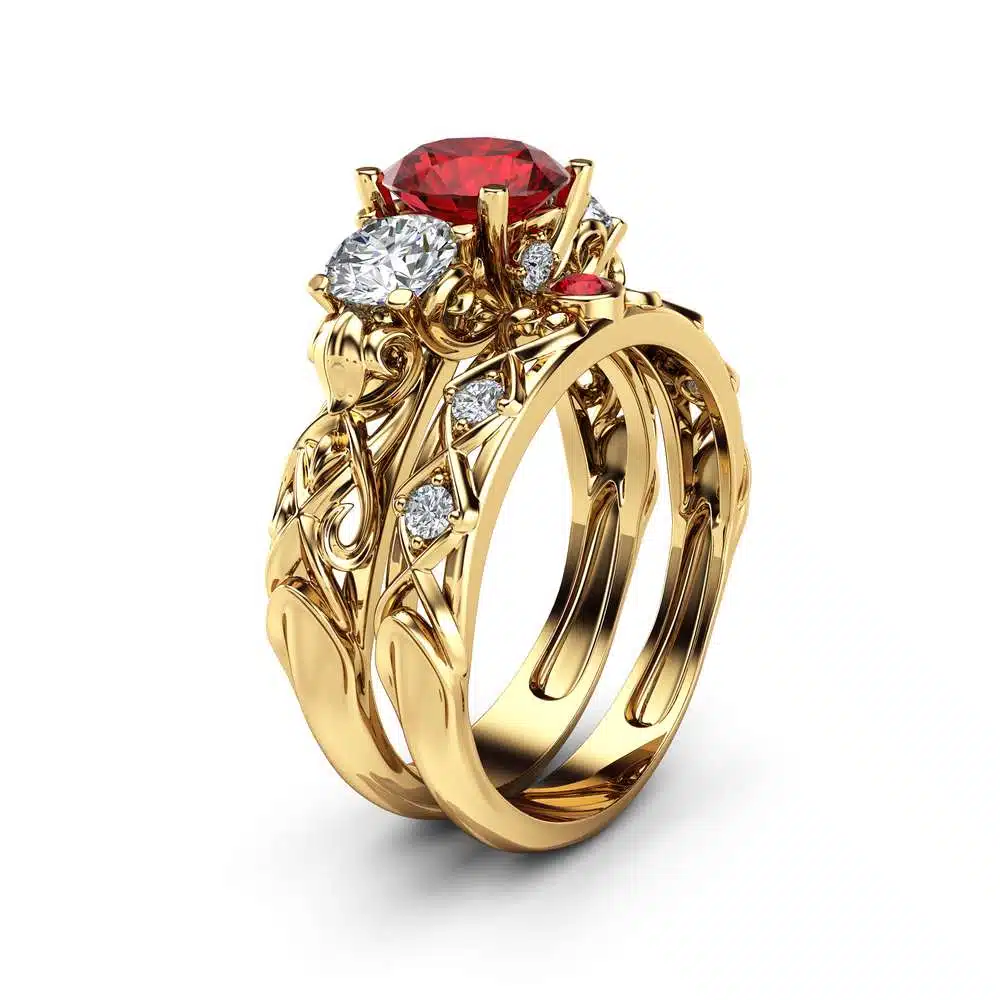 Unique Ruby And Moissanite Three Stone Bridal Set 14K Yellow Gold Rings Art Deco Styled Natural Diamonds Band