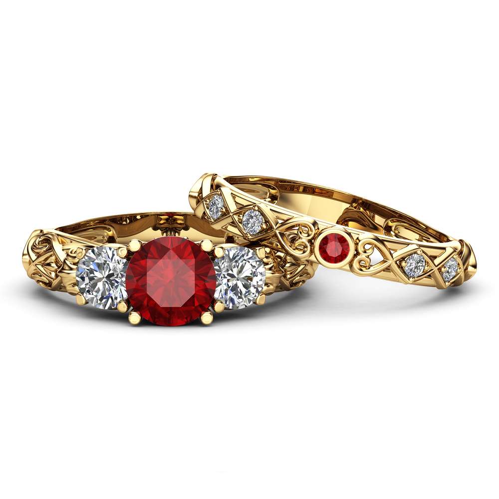 Unique Ruby And Moissanite Three Stone Bridal Set 14K Yellow Gold Rings Art Deco Styled Natural Diamonds Band