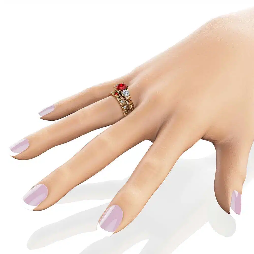 Unique Ruby And Moissanite Three Stone Bridal Set 14K Yellow Gold Rings Art Deco Styled Natural Diamonds Band