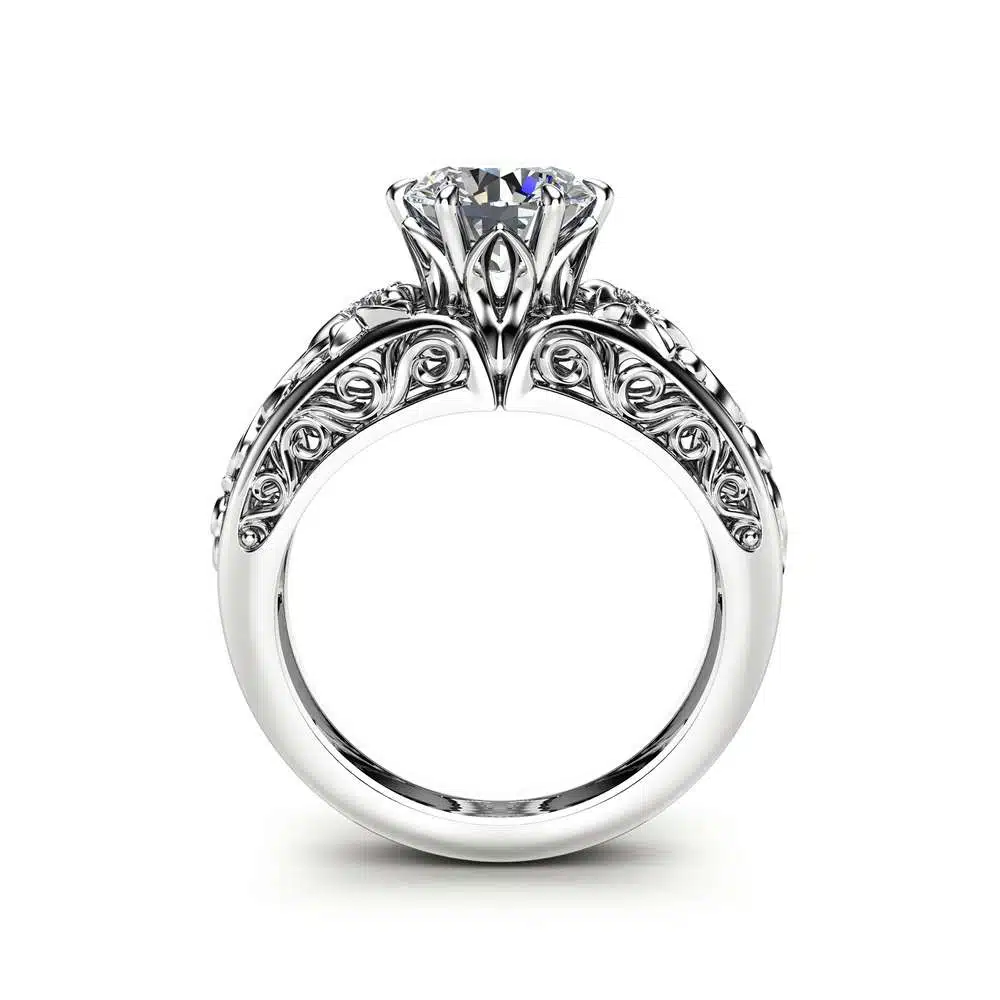 Round Moissanite Engagement Ring Unique 14K White Gold Ring Art Deco Styled Engagement Ring