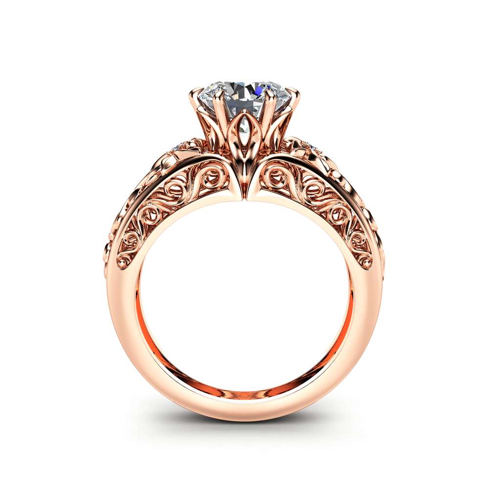 Round Moissanite Engagement Ring Unique 14K Rose Gold Ring Art Deco Styled Engagement Ring 2 Round Moissanite Engagement Ring Unique 14K Rose Gold Ring Art Deco Styled Engagement Ring