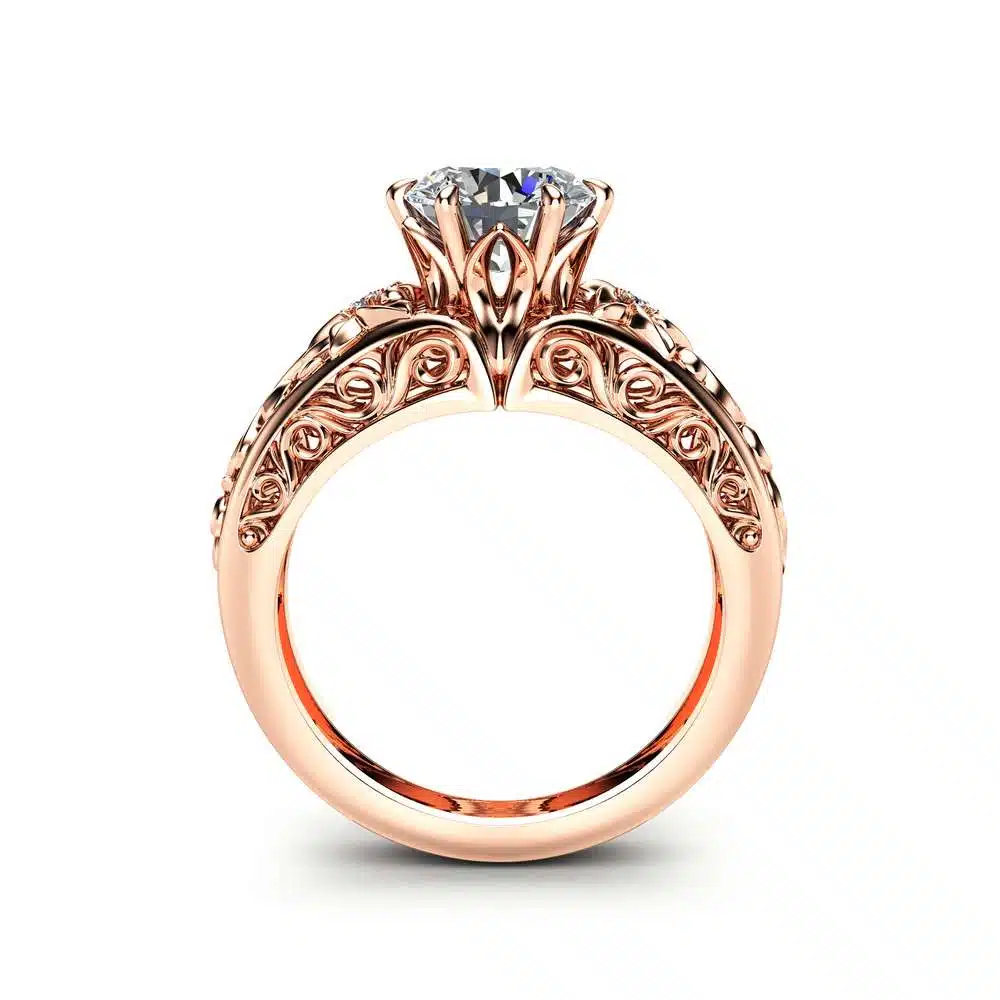 Round Moissanite Engagement Ring Unique 14K Rose Gold Ring Art Deco Styled Engagement Ring 2 Round Moissanite Engagement Ring Unique 14K Rose Gold Ring Art Deco Styled Engagement Ring