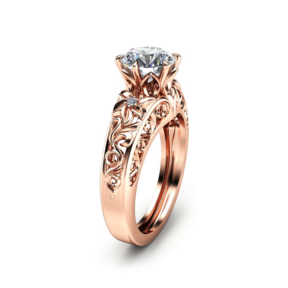 Round Moissanite Engagement Ring Unique 14K Rose Gold Ring Art Deco Styled Engagement Ring 1 Round Moissanite Engagement Ring Unique 14K Rose Gold Ring Art Deco Styled Engagement Ring