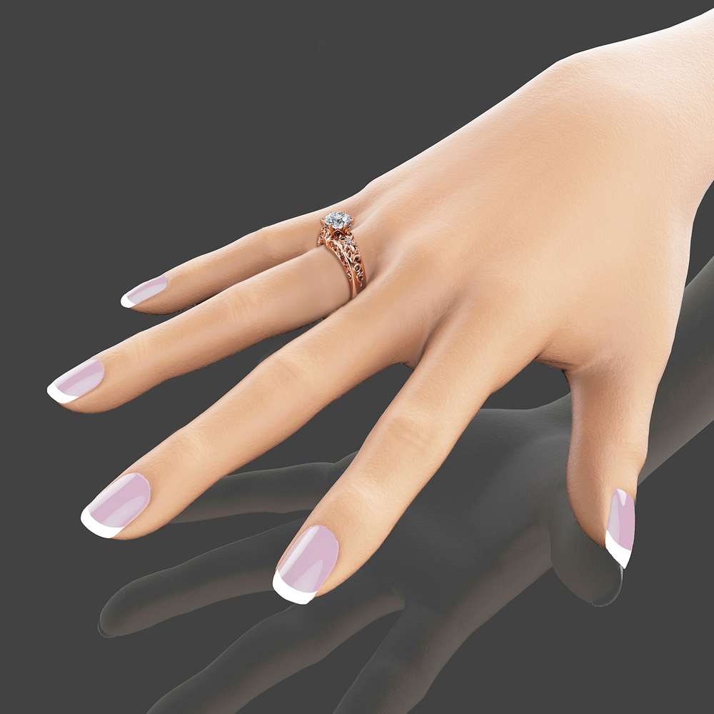 Round Moissanite Engagement Ring Unique 14K Rose Gold Ring Art Deco Styled Engagement Ring 3 Round Moissanite Engagement Ring Unique 14K Rose Gold Ring Art Deco Styled Engagement Ring