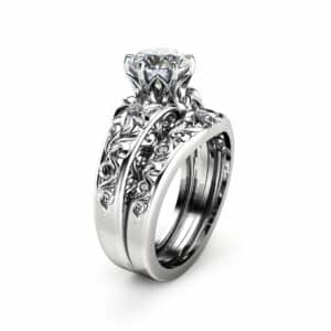 Moissanite Engagement Ring Set 14K White Gold Moissanite Rings Unique Moissanite Rings White Gold Engagement Rings