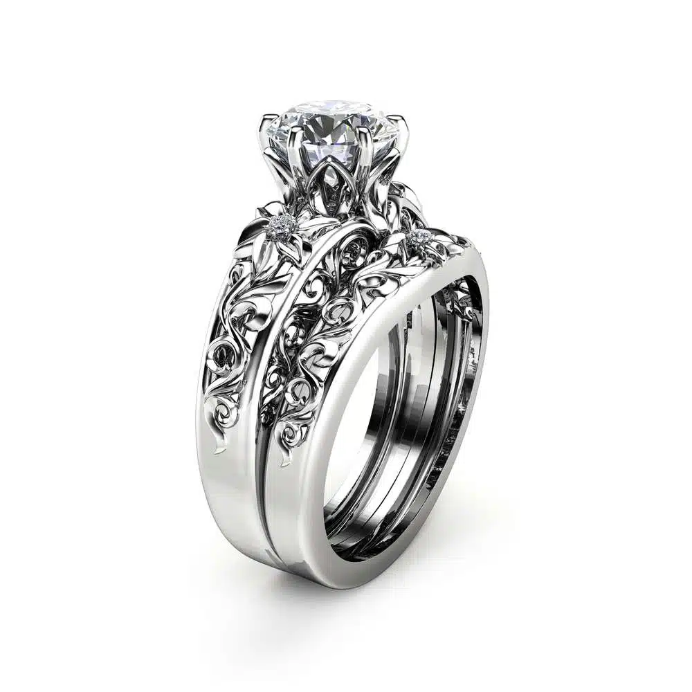 Moissanite Engagement Ring Set 14K White Gold Moissanite Rings Unique Moissanite Rings White Gold Engagement Rings