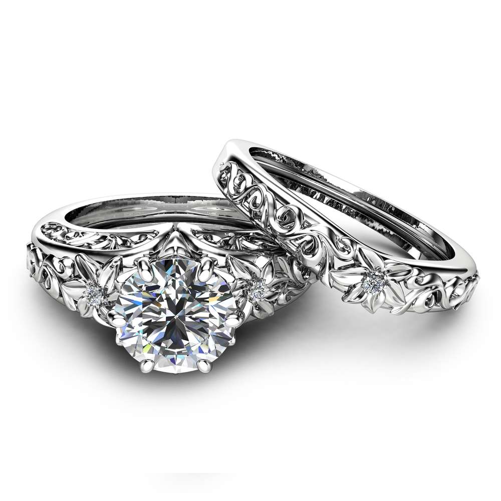 Moissanite Engagement Ring Set 14K White Gold Moissanite Rings Unique Moissanite Rings White Gold Engagement Rings