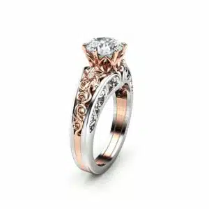 Unique Engagement Ring 14K Two Tone Gold Ring Moissanite Ring Flower Engagement Ring