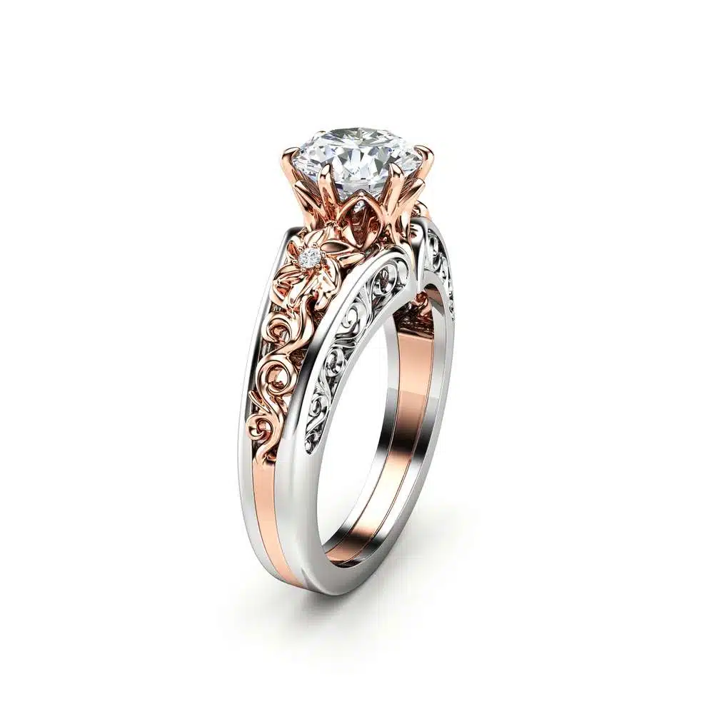 Unique Engagement Ring 14K Two Tone Gold Ring Moissanite Ring Flower Engagement Ring 1 Unique Engagement Ring 14K Two Tone Gold Ring Moissanite Ring Flower Engagement Ring