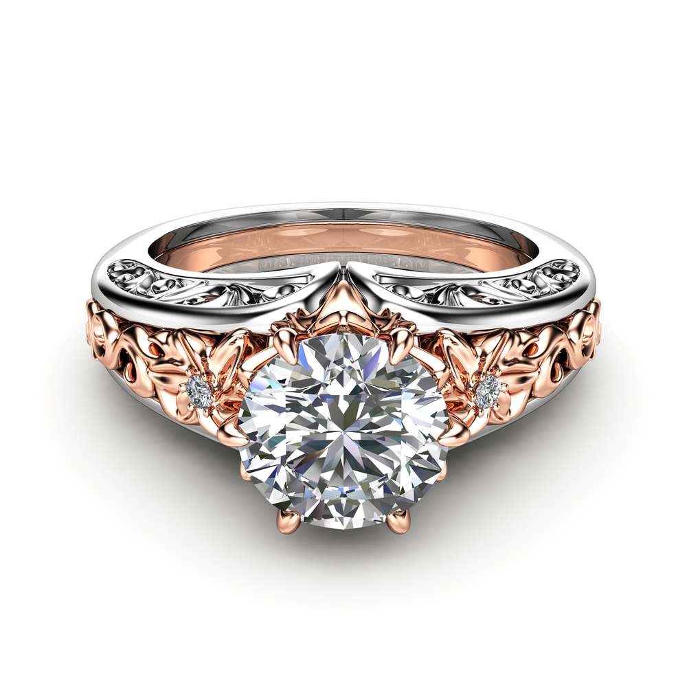 Unique Engagement Ring 14K Two Tone Gold Ring Moissanite Ring Flower Engagement Ring