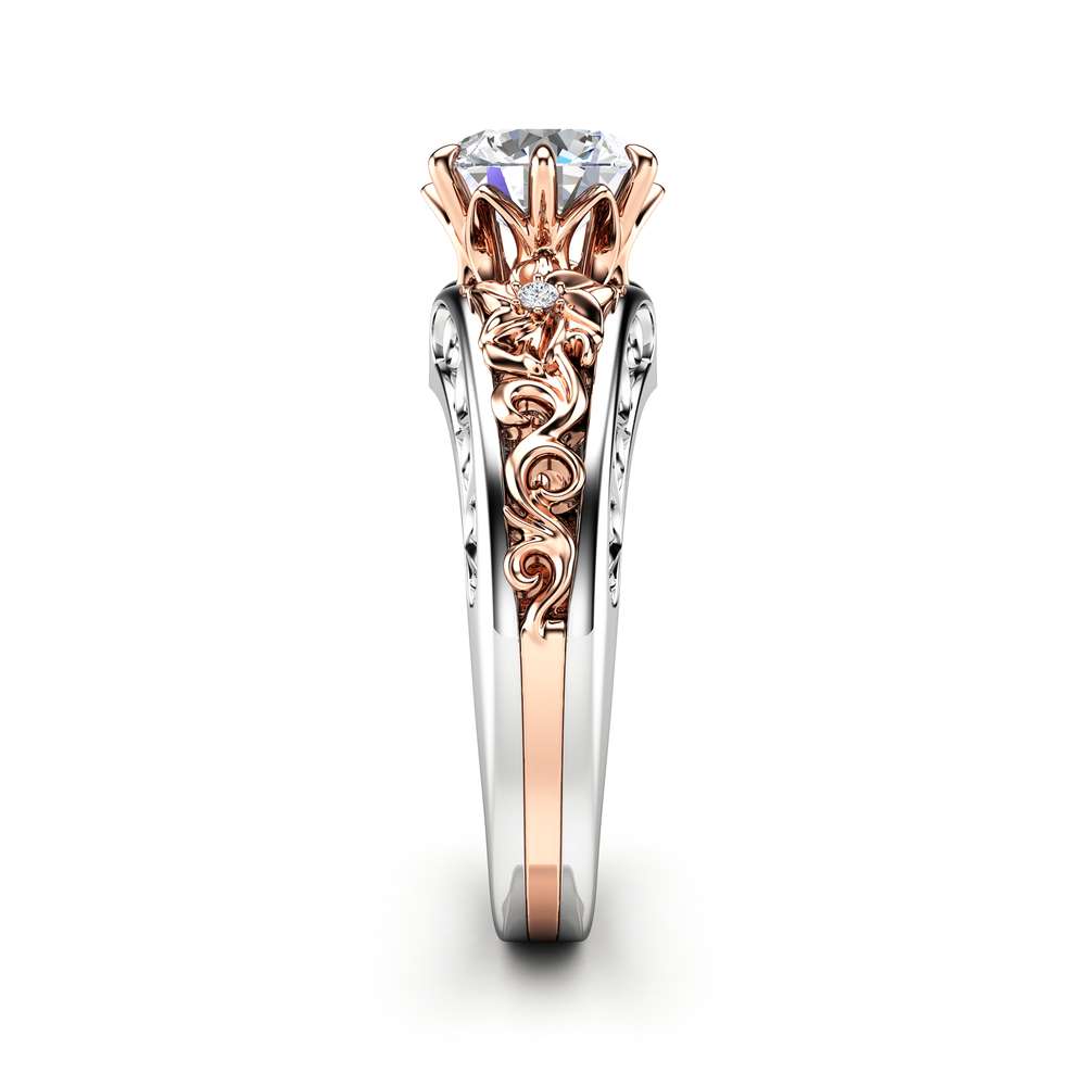 Unique Engagement Ring 14K Two Tone Gold Ring Moissanite Ring Flower Engagement Ring