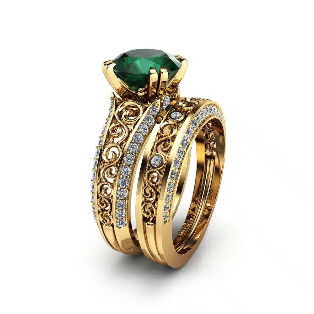 2 Carat Emerald Engagement Ring Set Unique 14K Yellow Gold Rings Emerald Bridal Set Filigree Engagement Rings 1 2 Carat Emerald Engagement Ring Set Unique 14K Yellow Gold Rings Emerald Bridal Set Filigree Engagement Rings