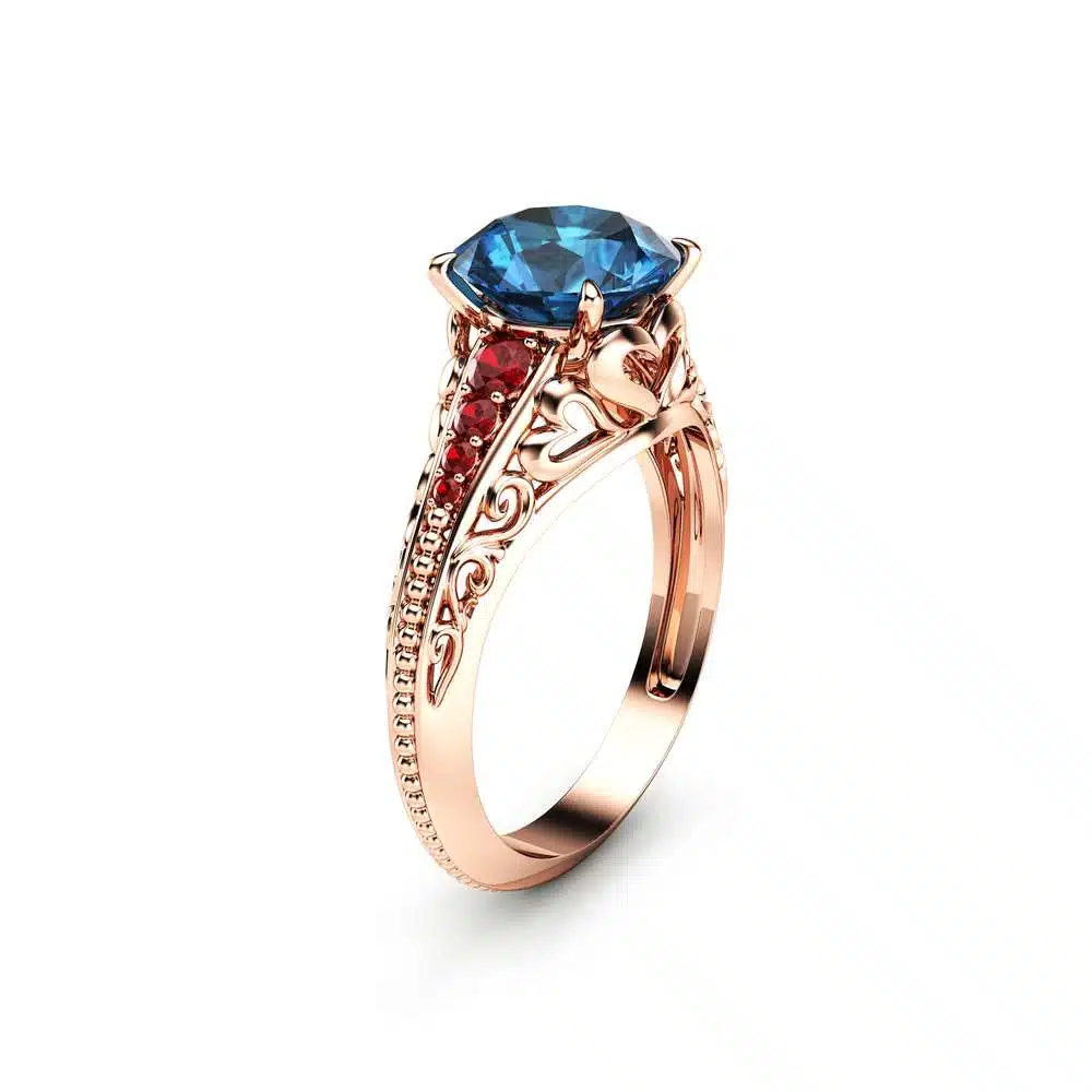 2 Carat London Blue Topaz Custom Ring in 14K Rose Gold Unique Topaz Ring Art Deco Styled Ring with Natural Rubies 1 2 Carat London Blue Topaz Custom Ring in 14K Rose Gold Unique Topaz Ring Art Deco Styled Ring with Natural Rubies