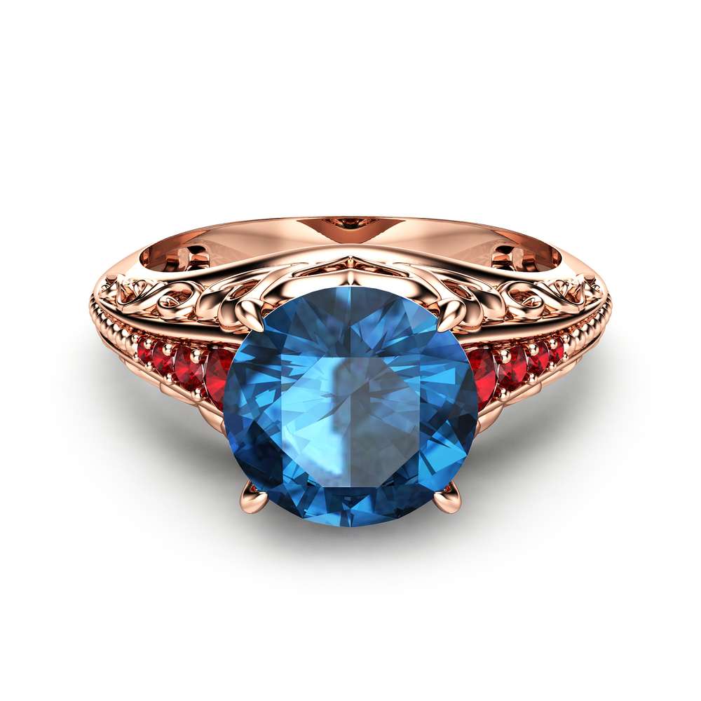2 Carat London Blue Topaz Custom Ring in 14K Rose Gold Unique Topaz Ring Art Deco Styled Ring with Natural Rubies 2 2 Carat London Blue Topaz Custom Ring in 14K Rose Gold Unique Topaz Ring Art Deco Styled Ring with Natural Rubies