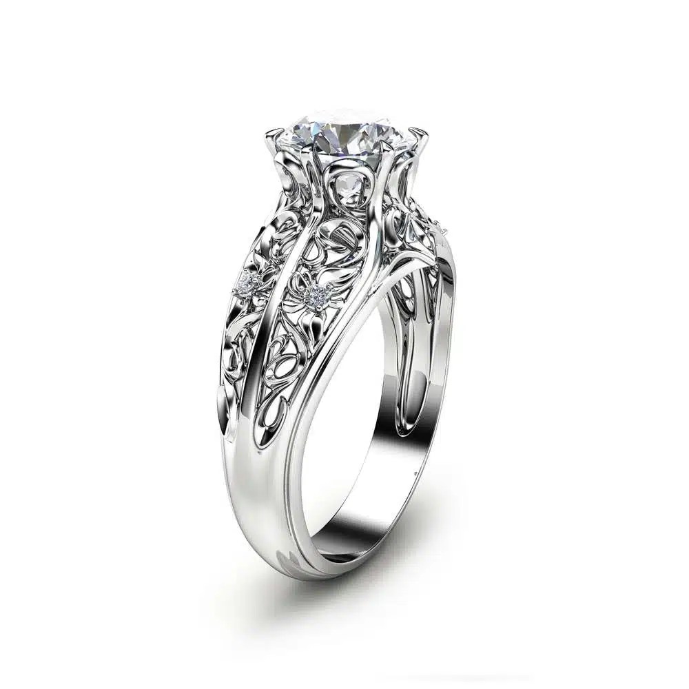 Unique Engagement Ring 14K White Gold Moissanite Ring Filigree Design Engagement Ring Unique Diamond Ring 2 Unique Engagement Ring 14K White Gold Moissanite Ring Filigree Design Engagement Ring Unique Diamond Ring