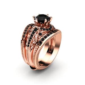 Black Diamond Engagement Ring Guard Set 14K Rose Gold Engagement Ring Natural Black Diamond Ring Set