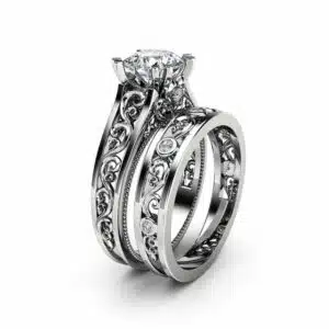 Unique Moissanite Bridal Ring Set 14K White Gold Ring Set  Moissanite Unique Filigree Bridal Ring Set