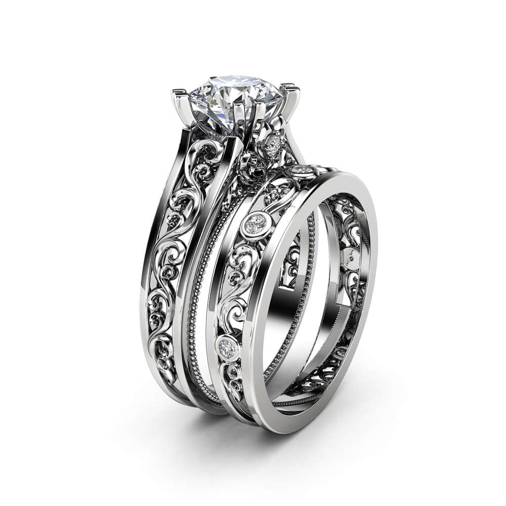 Unique Moissanite Bridal Ring Set 14K White Gold Ring Set Moissanite Unique Filigree Bridal Ring Set 1 Unique Moissanite Bridal Ring Set 14K White Gold Ring Set Moissanite Unique Filigree Bridal Ring Set