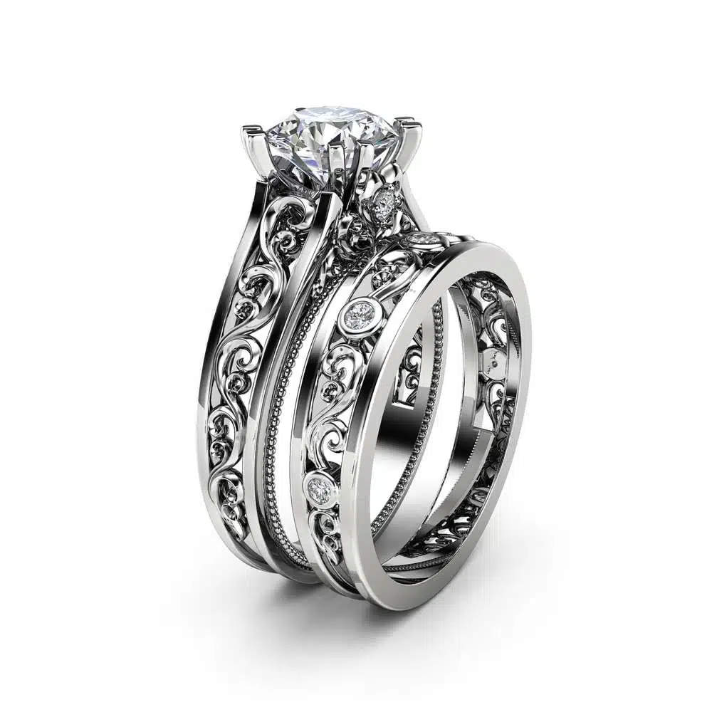 Unique Moissanite Bridal Ring Set 14K White Gold Ring Set Moissanite Unique Filigree Bridal Ring Set 1 Unique Moissanite Bridal Ring Set 14K White Gold Ring Set Moissanite Unique Filigree Bridal Ring Set
