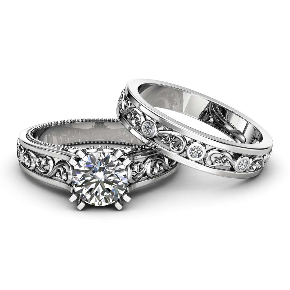 Unique Moissanite Bridal Ring Set 14K White Gold Ring Set Moissanite Unique Filigree Bridal Ring Set 2 Unique Moissanite Bridal Ring Set 14K White Gold Ring Set Moissanite Unique Filigree Bridal Ring Set