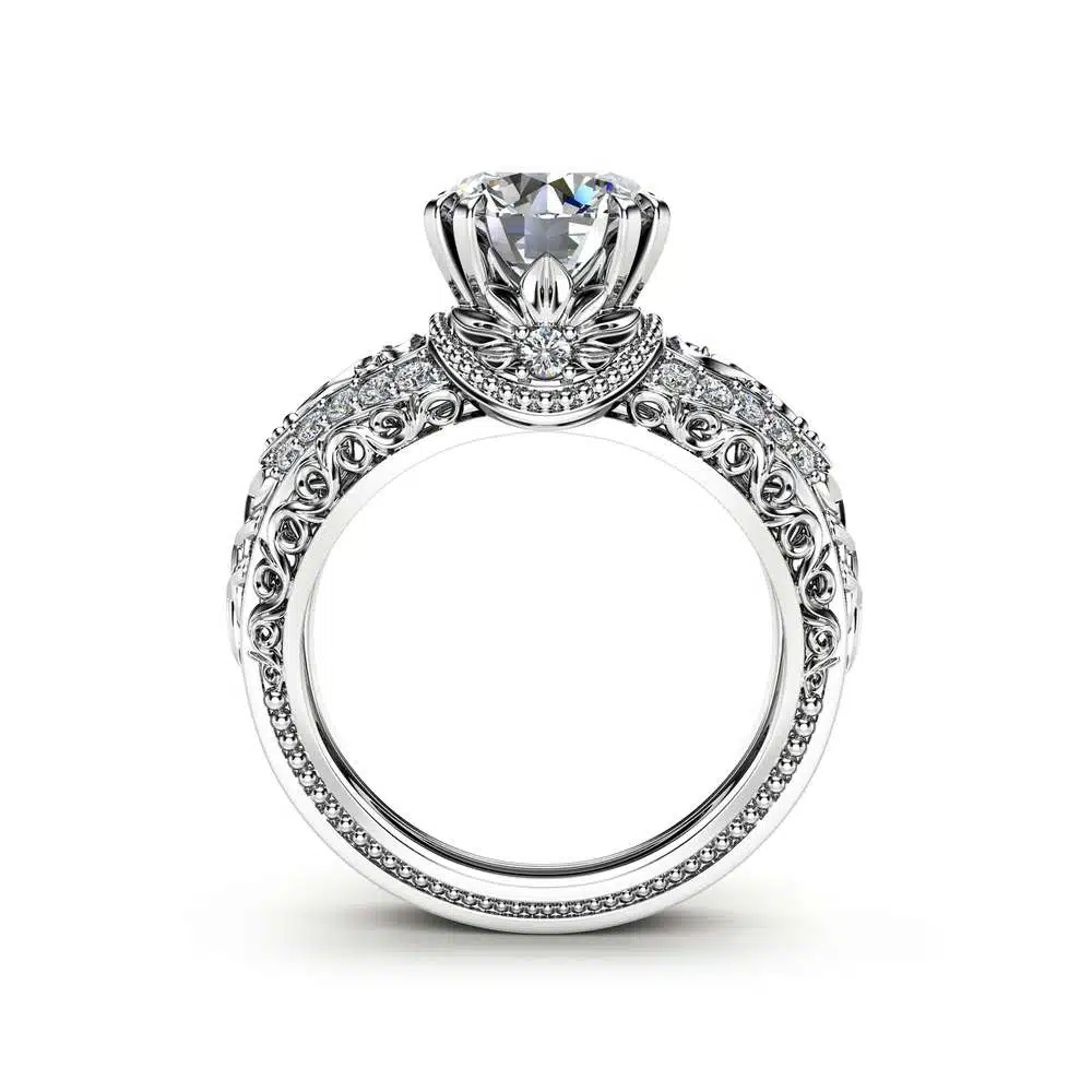 White Gold Moissanite Engagement Ring 2 Carat Moissanite Ring Vintage Engagement Ring