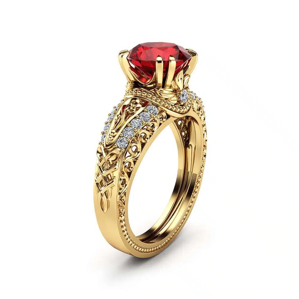Ruby Unique Engagement Ring 14K Yellow Gold Natural Ruby Ring Vintage Unique Engagement Ring 1 Ruby Unique Engagement Ring 14K Yellow Gold Natural Ruby Ring Vintage Unique Engagement Ring