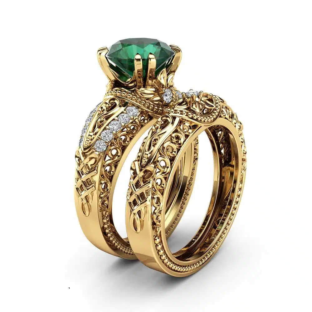 Art deco Emerald Engagement Ring Set 14K Yellow Gold Rings 2 Carat Emerald Bridal Set Filigree Engagement Rings 1 Art deco Emerald Engagement Ring Set 14K Yellow Gold Rings 2 Carat Emerald Bridal Set Filigree Engagement Rings