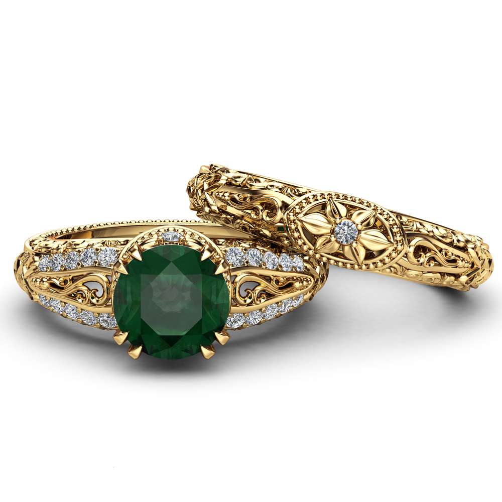 Art deco Emerald Engagement Ring Set 14K Yellow Gold Rings 2 Carat Emerald Bridal Set Filigree Engagement Rings