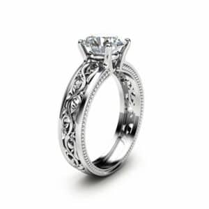 1.55ct Moissanite Engagement Ring Unique Filigree Engagement Ring 14K White Gold Moissanite Ring