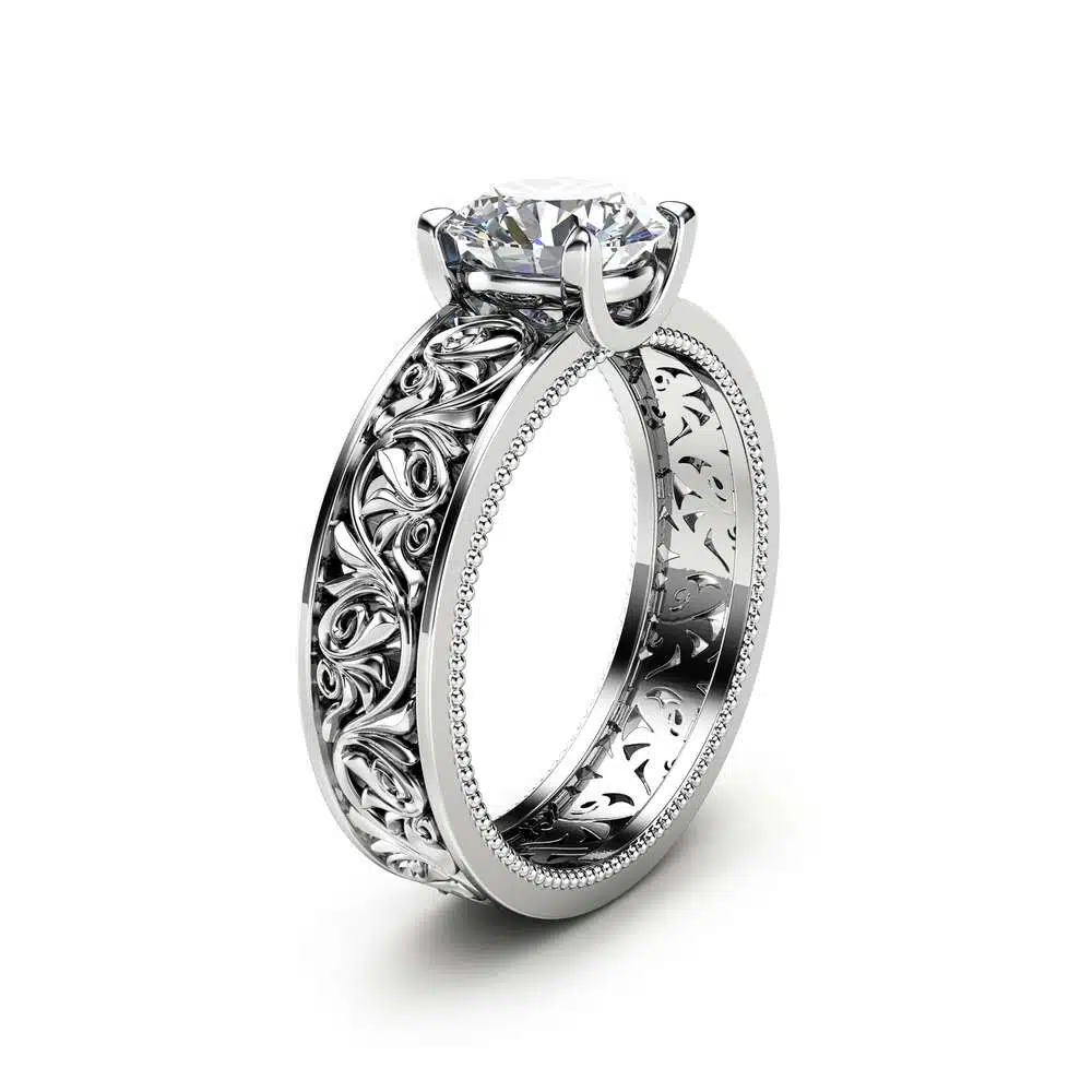 Solitaire Moissanite Engagement Ring Solid 14K White Gold Engagement Ring Filigree 1ct Moissanite Ring 1 Solitaire Moissanite Engagement Ring Solid 14K White Gold Engagement Ring Filigree 1ct Moissanite Ring