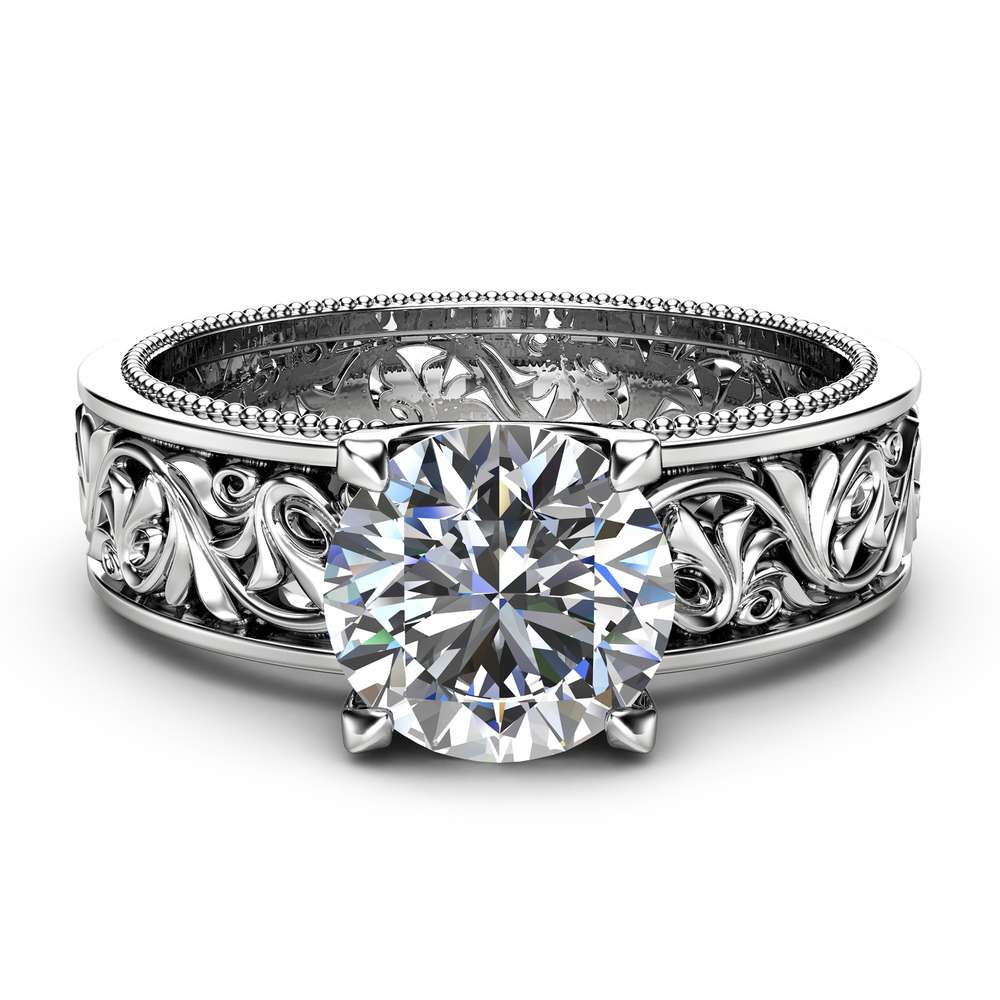 Solitaire Moissanite Engagement Ring Solid 14K White Gold Engagement Ring Filigree 1ct Moissanite Ring 2 Solitaire Moissanite Engagement Ring Solid 14K White Gold Engagement Ring Filigree 1ct Moissanite Ring