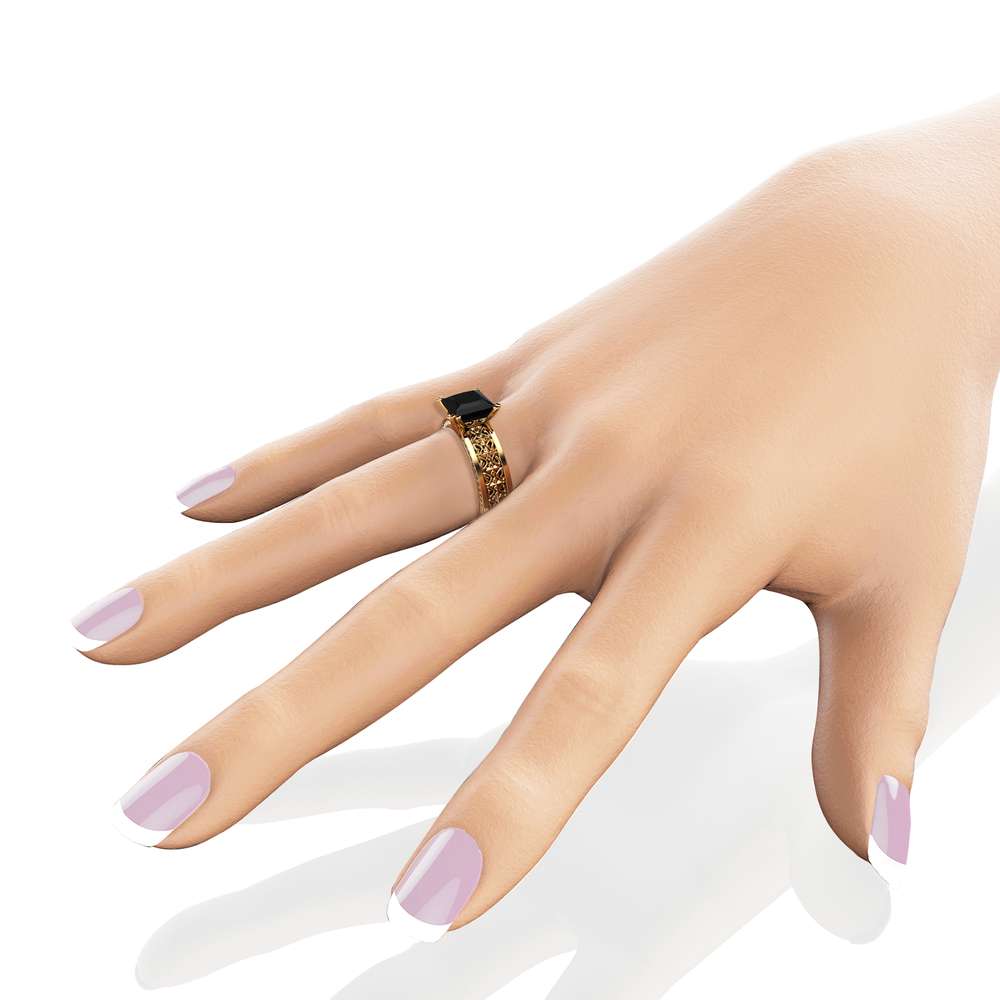 Princess Black Diamond Engagement Ring Square Black Diamond 14K Yellow Gold Engagement Ring