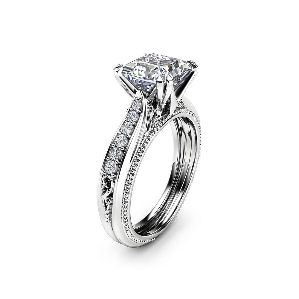Victorian Moissanite Engagement Ring 14K White Gold Engagement Ring Princess Moissanite Ring 1 Victorian Moissanite Engagement Ring 14K White Gold Engagement Ring Princess Moissanite Ring