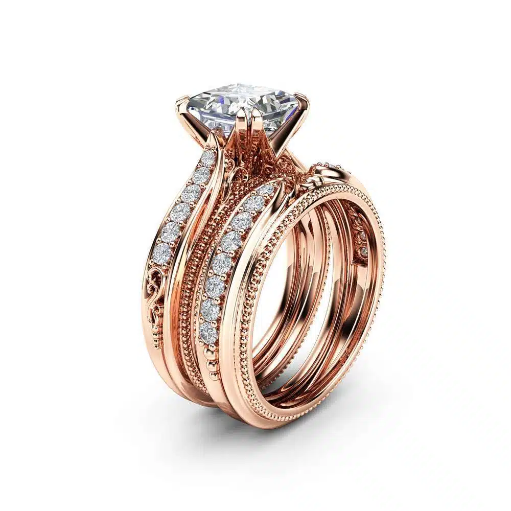 Victorian Princess Cut Moissanite Bridal Set Unique 14K Rose Gold Wedding Rings 1 Victorian Princess Cut Moissanite Bridal Set Unique 14K Rose Gold Wedding Rings