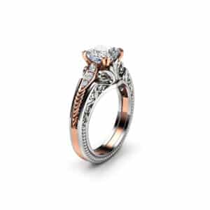 Two Tone Leaf Moissanite Ring with Sculpted Scrolls and Tapered Petals