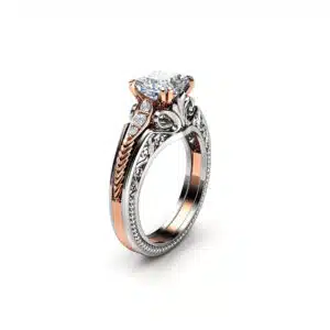 Two Tone Leaf Moissanite Ring with Sculpted Scrolls and Tapered Petals