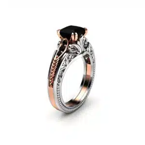Unique Engagement Ring 14K Two Tone Gold Ring Edwardian Black Diamond Engagement Ring