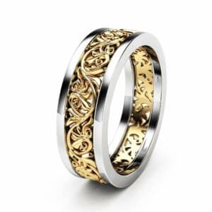 Unique Filigree Wedding Band Unique 14K Two Tone Gold Ring Unisex Wedding Band Ring For Him For Her
