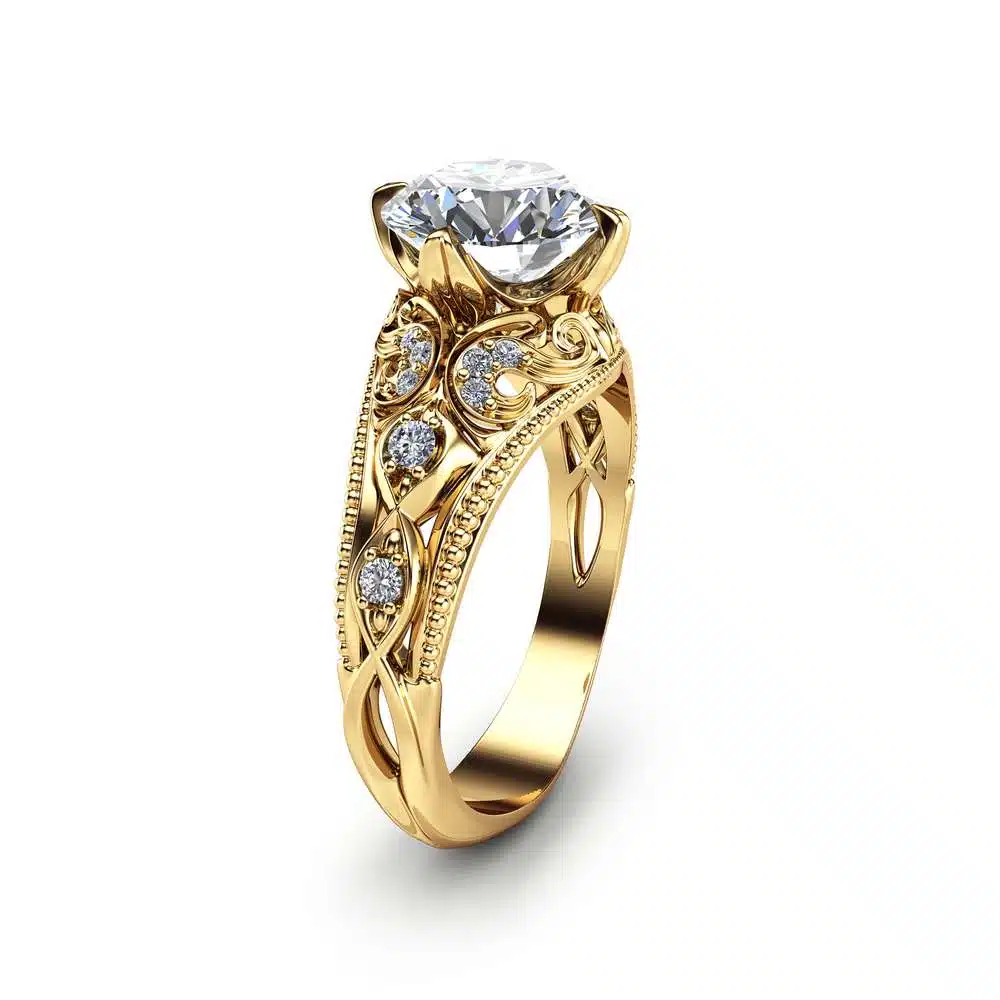 2 Carat Moissanite Engagement Ring Unique 14K Yellow Gold Ring Filigree Design Alternative Ring Art Deco Engagement Ring 1 2 Carat Moissanite Engagement Ring Unique 14K Yellow Gold Ring Filigree Design Alternative Ring Art Deco Engagement Ring