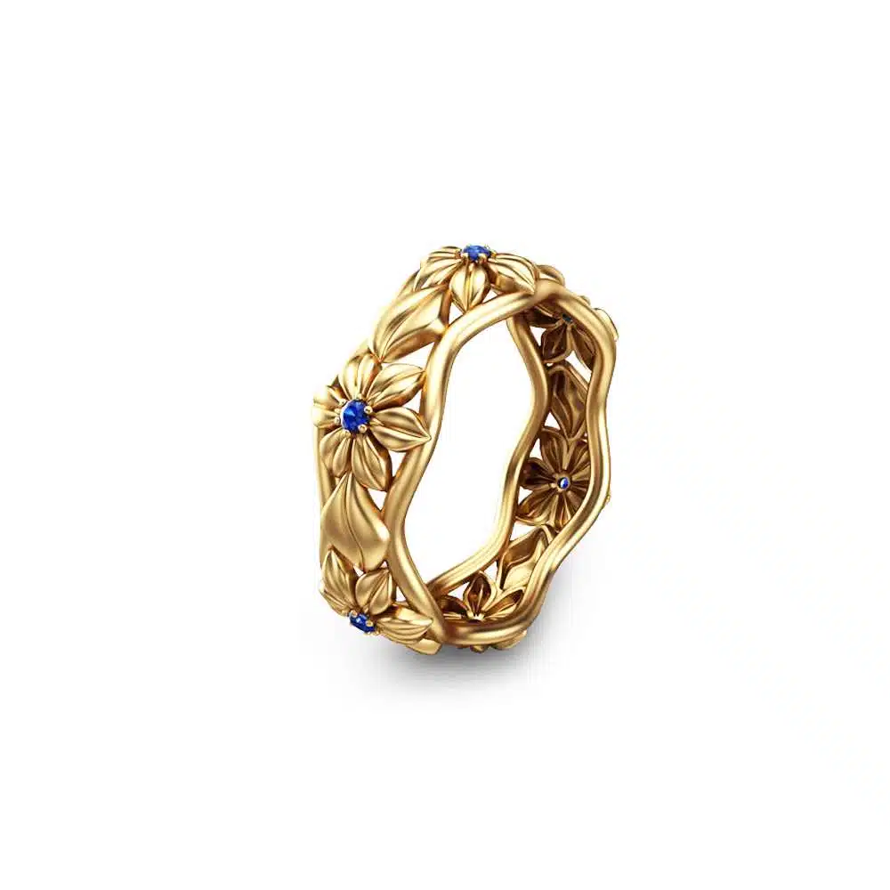 Blue Sapphire Eternity Wedding Band 14K Yellow Gold Flower Ring 1 Blue Sapphire Eternity Wedding Band 14K Yellow Gold Flower Ring