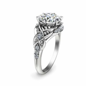 Oval Leaf Moissanite Ring with Open Vine Design and Pavé Accents